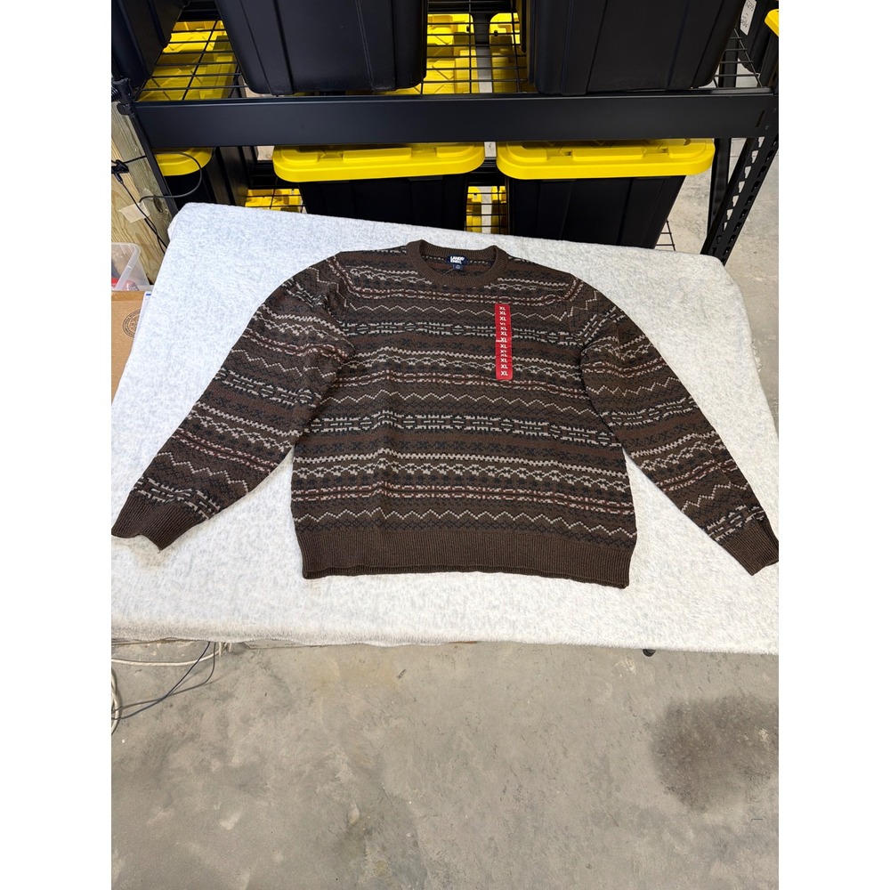 Lands End Mens XL Fair Isle Crewneck Sweater Brown Multi Knit Pullover 46-48 NEW